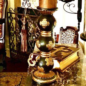 NWT STERLING INDUSTRIES Gothic Black Gilded Celtic Cross Pillar Candle Holder